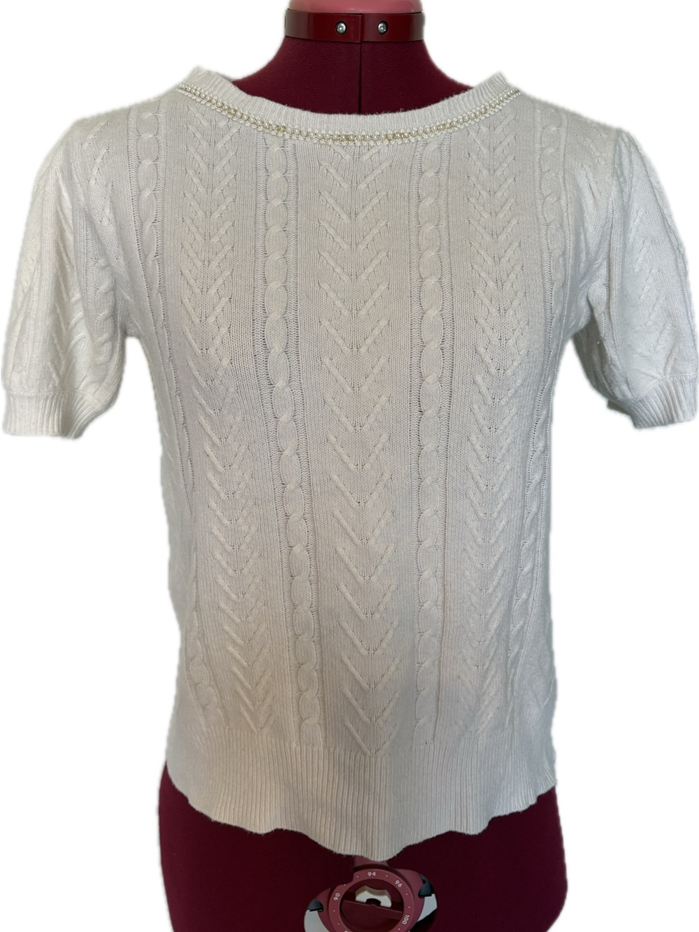 Rachel Zoe Ivory White Pearl Trim Collar Cable Knit Short Sleeve Sweater L